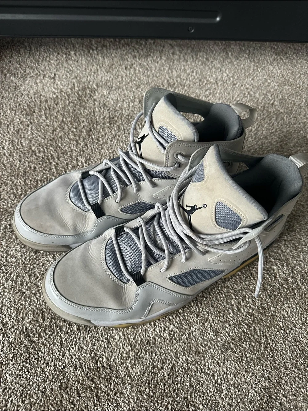 Jordan Men's High-Top Sneakers in Light Gray with Black and Yellow Accents